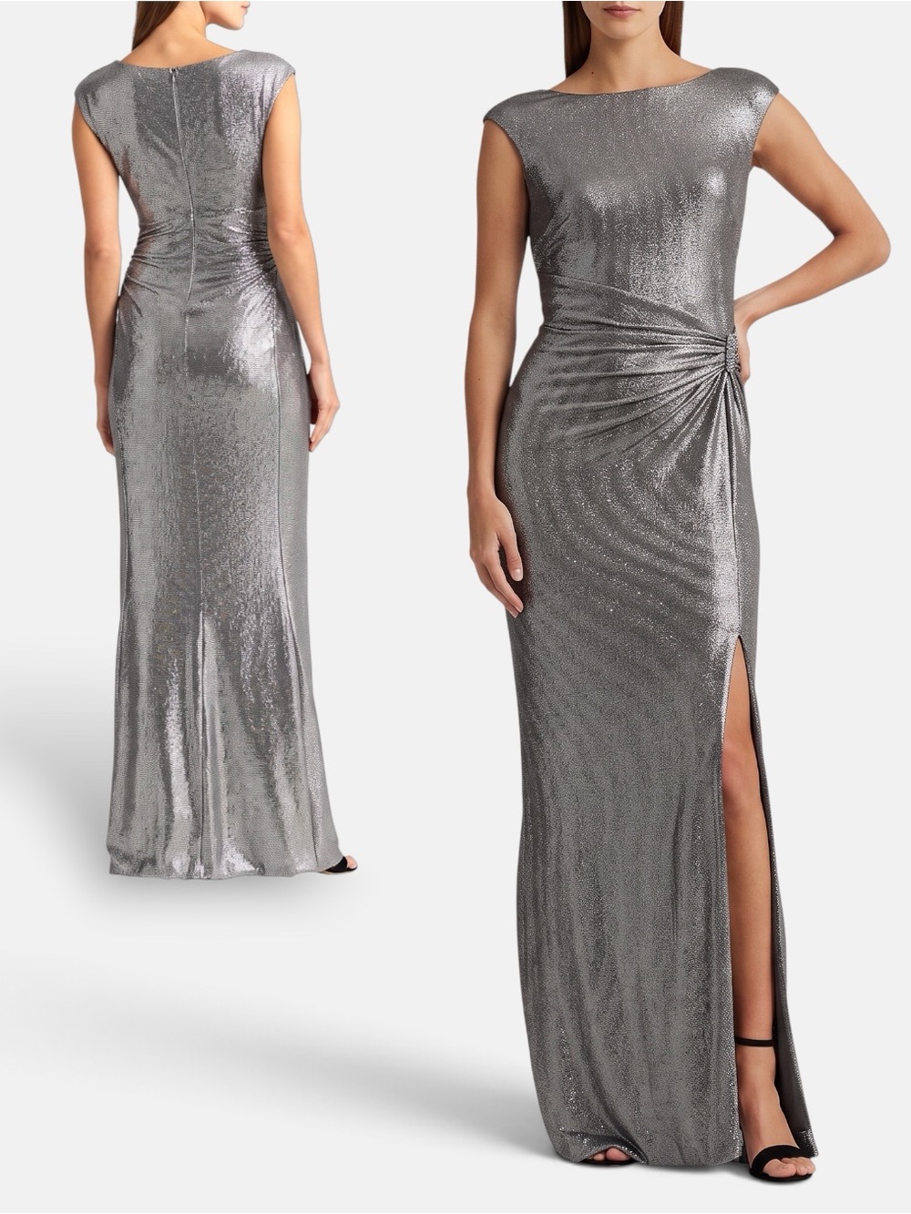 LAUREN RALPH LAUREN Silver Metallic Cap Sleeve Side Slit Gown, 16. NWT FLAW